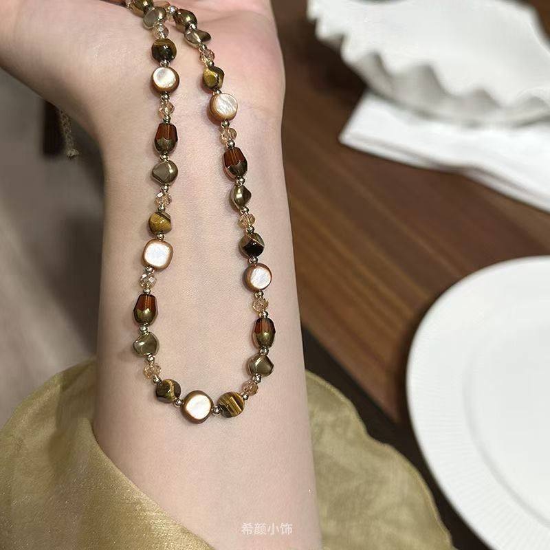 Maillard Natural Stone Tiger Eye brown Pearl Beaded Necklace High-grade Women's 2024 Autumn and Winter New Woolen Chain