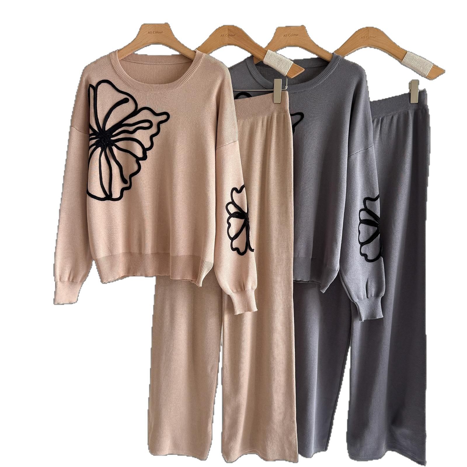 Cross-Border European and American Export Elegant Knitted Suit Round Neck Embroidered Sweater + Loose Casual Wide-Leg Pants Two-Piece Set for Women