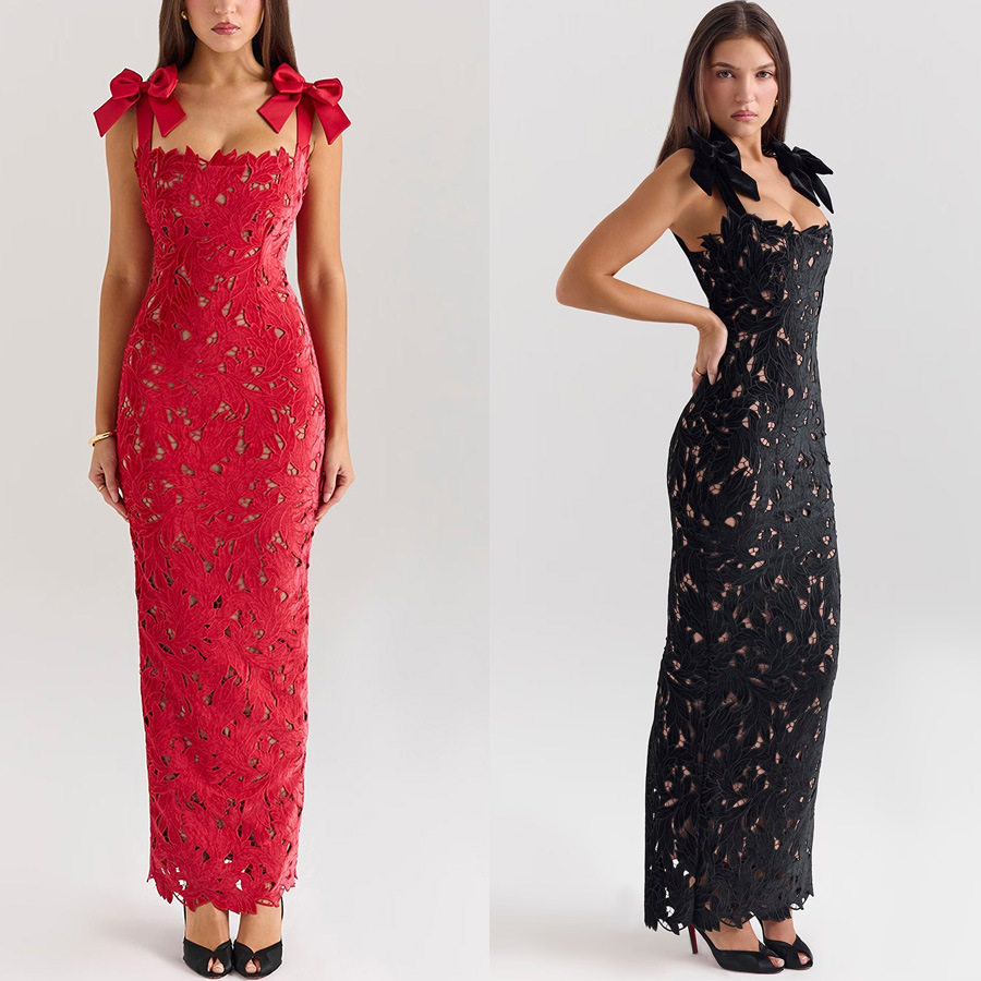 Elegant Hollow Out Bow Tie Bodycon Dress Solid Color Stylish Design Perfect for Parties Wholesale Available