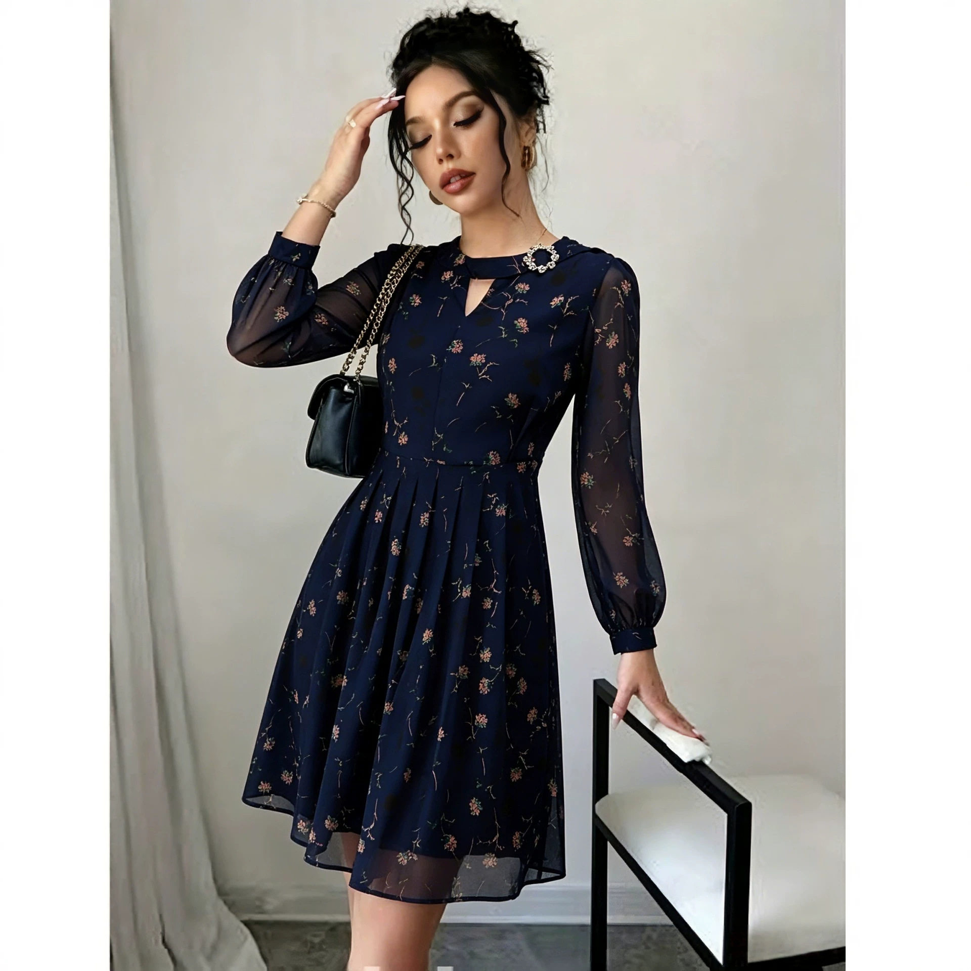 Blue Printed Chiffon Long Sleeve Dress for Women A Line Silhouette Rhinestone Accents Mid Length Perfect for Spring