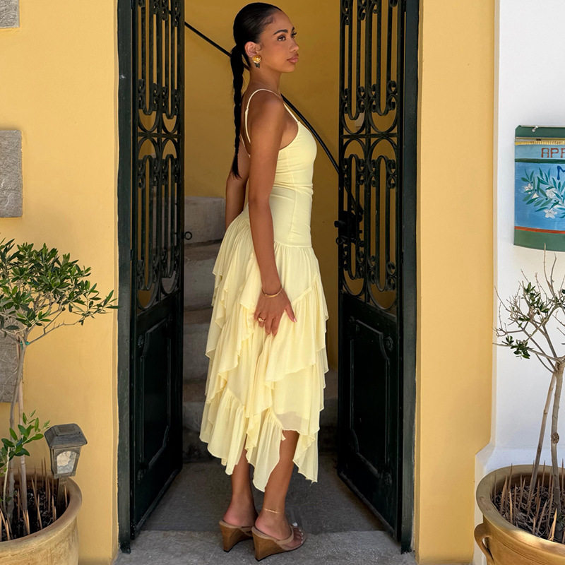 Summer Womens Dress Sexy Spaghetti Strap Elegant Ruffle Design Asymmetrical Hem Perfect for Parties or Casual