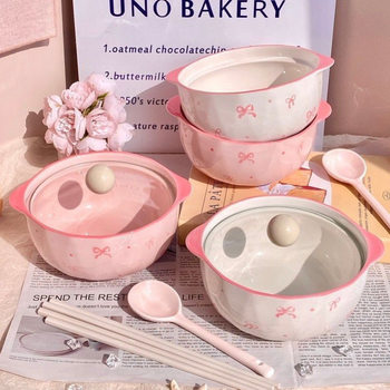 Super Fairy New Instant Noodle Bowl with Bow, High-Looking Ceramic Noodle Bowl, High Temperature Resistant, High-End Girl's Snail Noodle Bowl with Lid