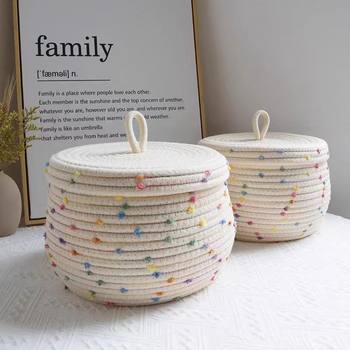 Scandinavian Color Dot Cotton Rope Storage Basket with Lid Desktop Storage Box Storage Basket Key Sundry Storage Makeup Storage Basket