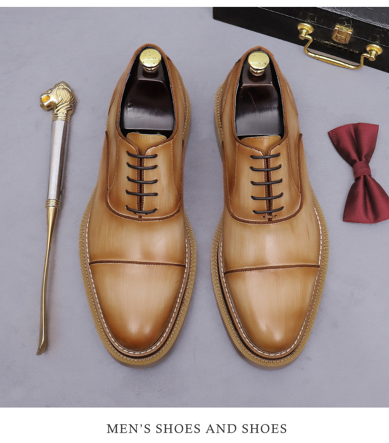 Giày Oxford nam da bò thật mũi tròn ba đường may, giày công sở và giày cưới — màu đen, Màu trắng, Màu be