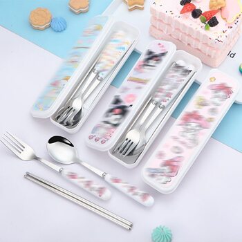 Stainless Steel Spoon Fork Chopsticks Office Worker Student Cartoon Portable Outdoor Camping Tableware Three-Piece Set Wholesale