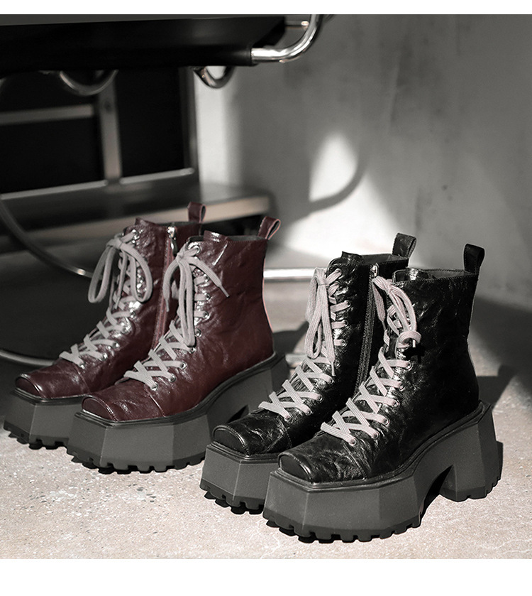 Boot Martin nữ đế dày 9cm mũi vuông gót thô tăng chiều cao — Màu đen lót một lớp, Màu đen lót nhung, Màu nâu lót một lớp, Màu nâu lót nhung