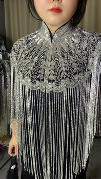 Color Black Background Silver Beads Long Tassel Shawl Heavy Beaded Shawl Catwalk Cheongsam Cloud Shoulder