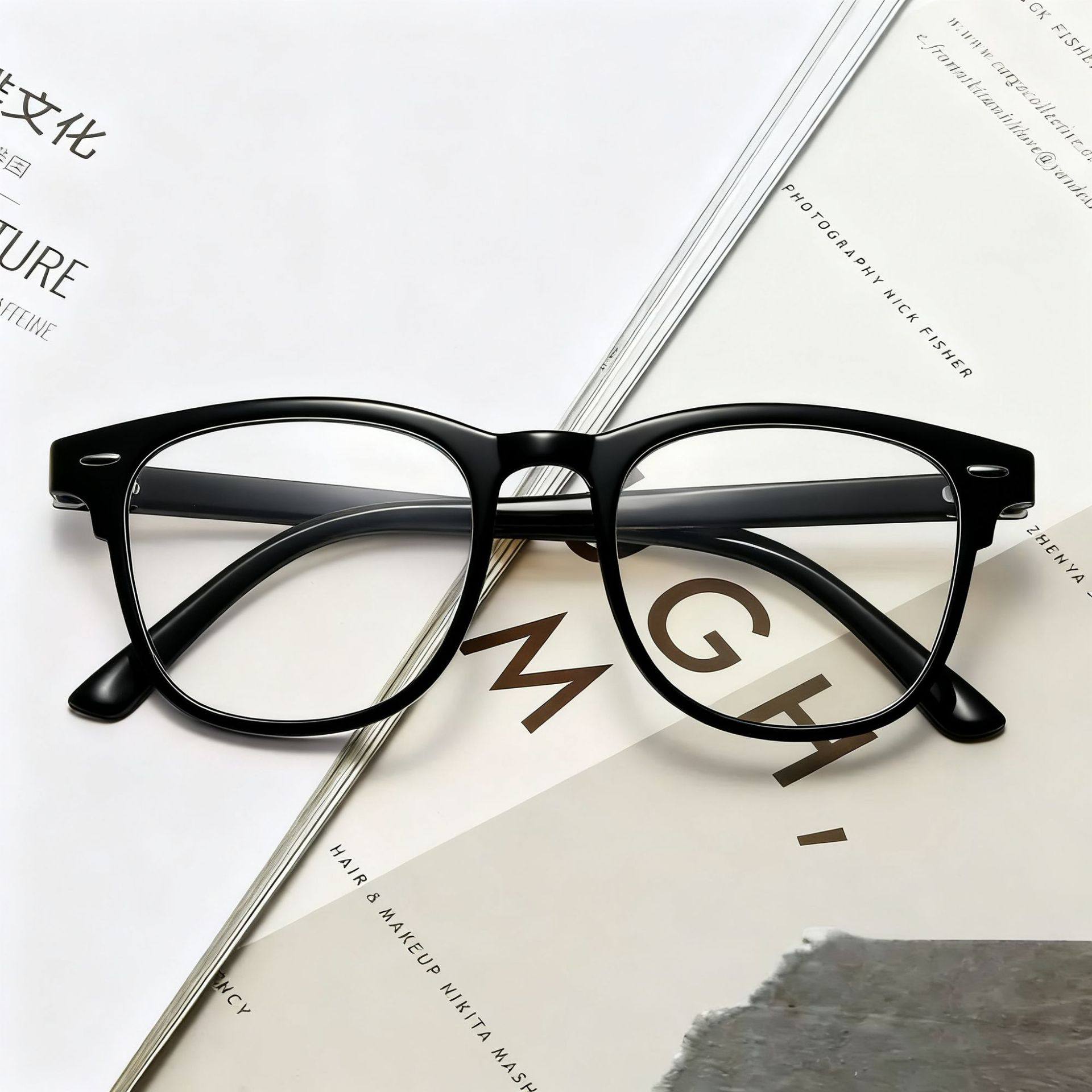 New Anti-Blue Light Glasses Frame for Women, Cross-Border Popular Black Frame Flat Glasses for Students, Japanese Style Rice Nail Glasses Frame for Men, Ready for Sale