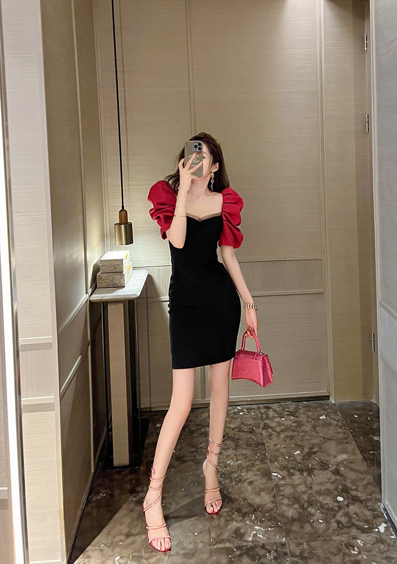 Đầm suông nữ midi cổ vuông tay bồng — [Màu thanh long] chi tiết 6