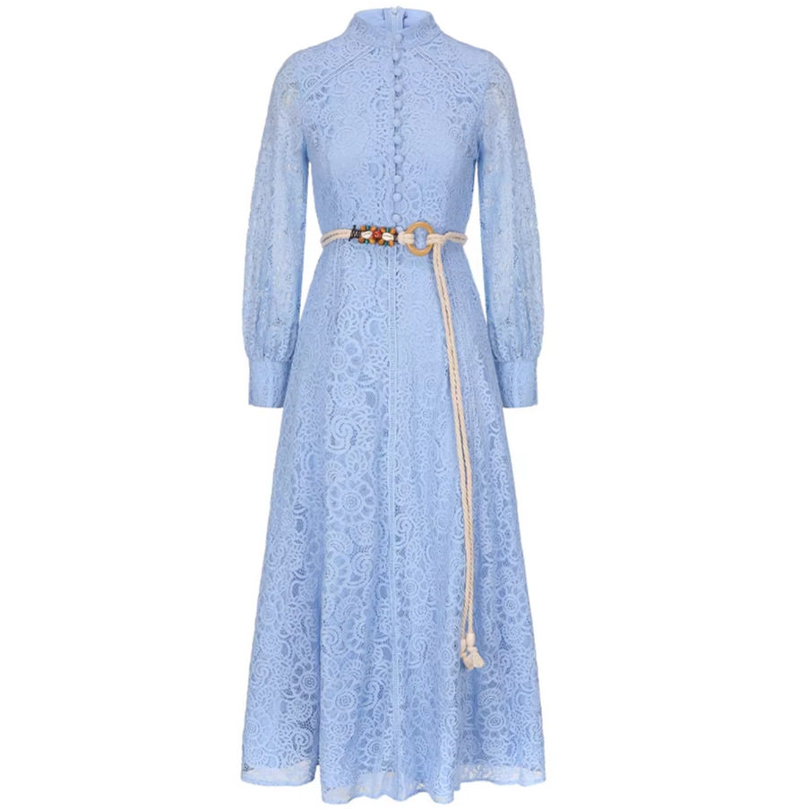 French Vintage Elegant Lace Collar Dress Spring and Autumn Style Waist Tie Design with Flared Skirt Wholesale Available