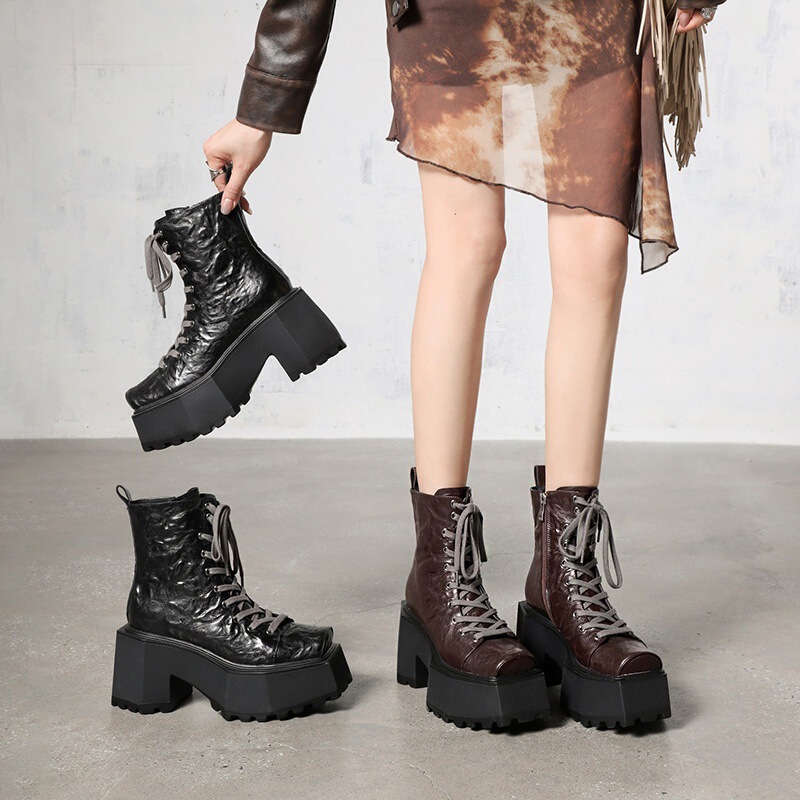 Boot Martin nữ đế dày 9cm mũi vuông gót thô tăng chiều cao — Màu đen lót một lớp, Màu đen lót nhung, Màu nâu lót một lớp, Màu nâu lót nhung