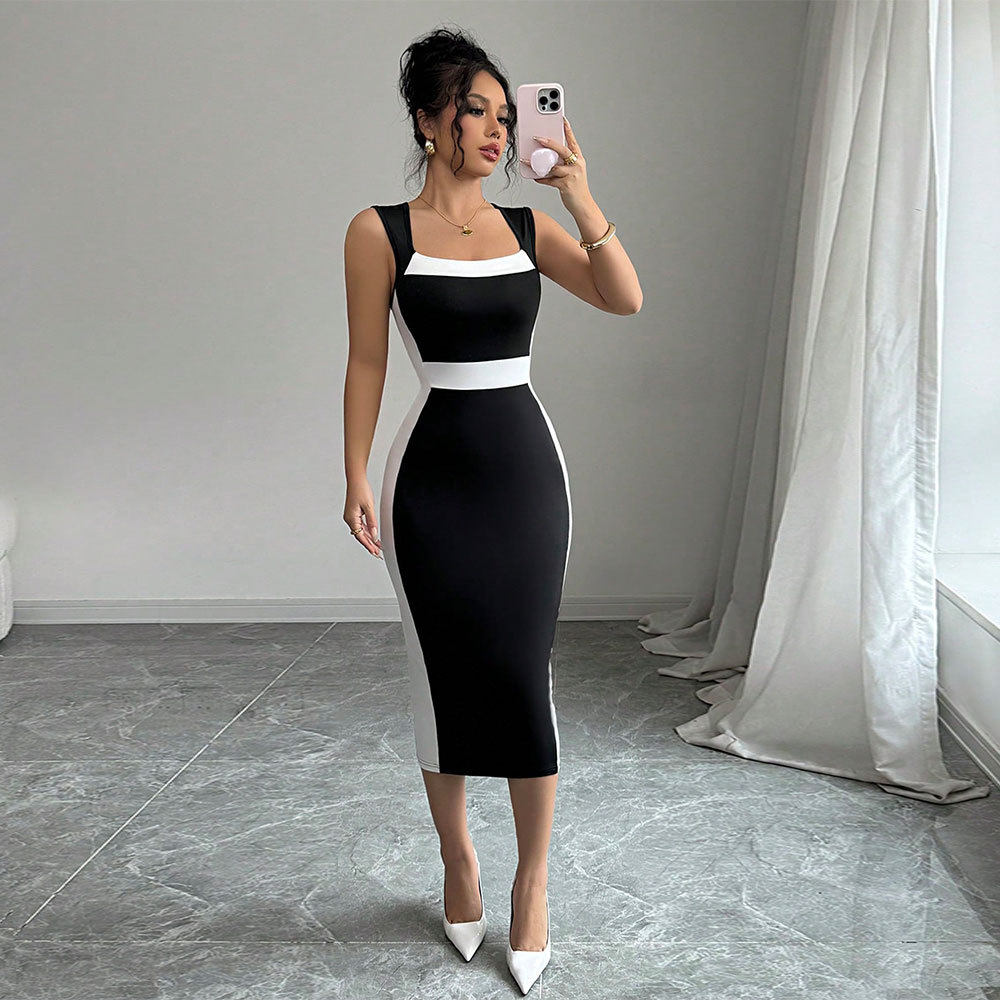 Summer Womens Long Color Block Dress Square Neck Sleeveless Elegant Style Perfect for Casual Outings Wholesale