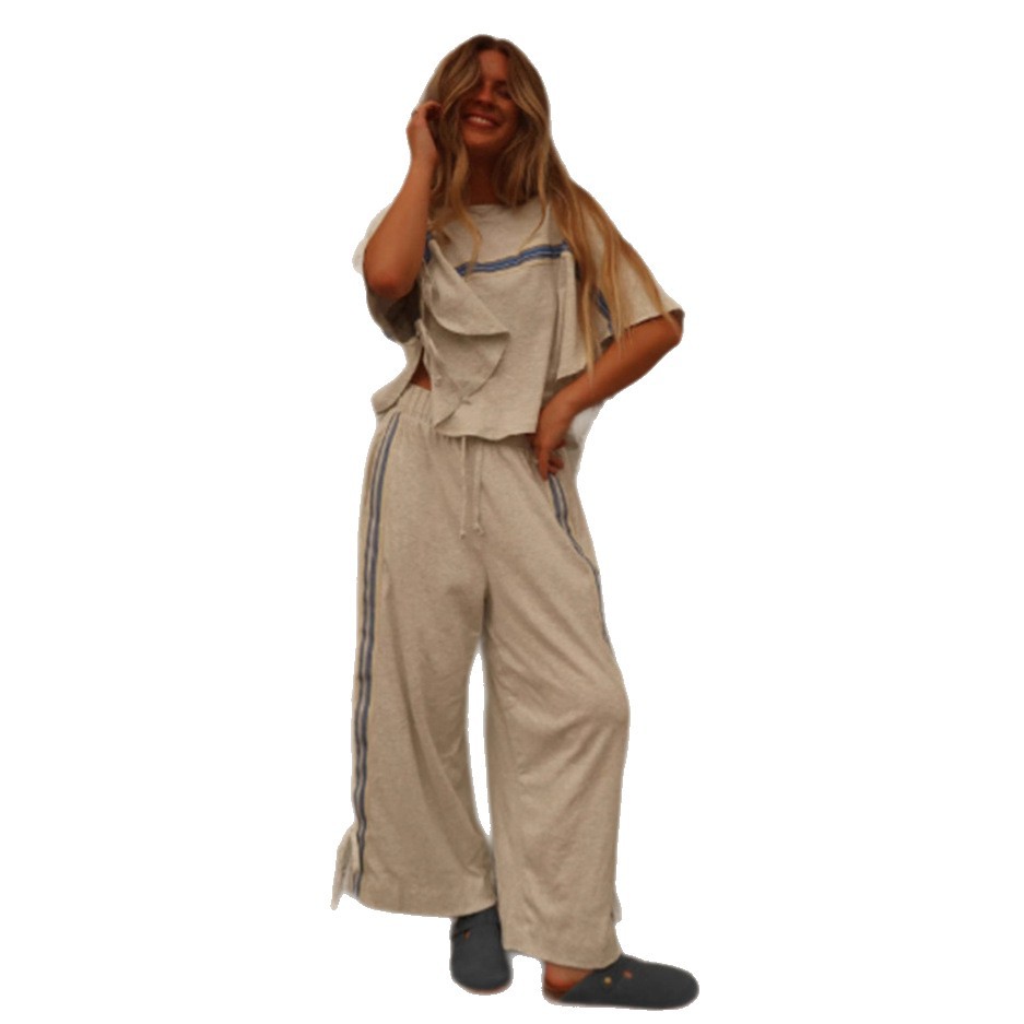 Womens Casual Loose Fit Round Neck Top and Wide Leg Pants Set Autumn Fashion Comfortable Everyday Wear Wholesale