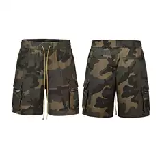 Men's Retro Camo Denim Cargo Shorts Summer American Style Loose Drawstring Streetwear 5-Inch Casual
