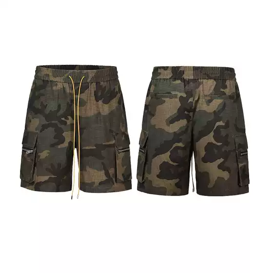 Men's Retro Camo Denim Cargo Shorts Summer American Style Loose Drawstring Streetwear 5-Inch Casual