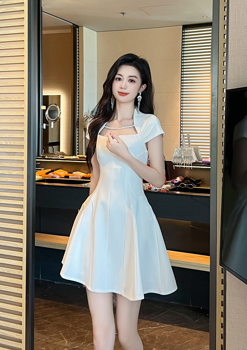 Đầm suông nữ midi cổ vuông phong cách Pháp tay ngắn — [Trắng] chi tiết 4