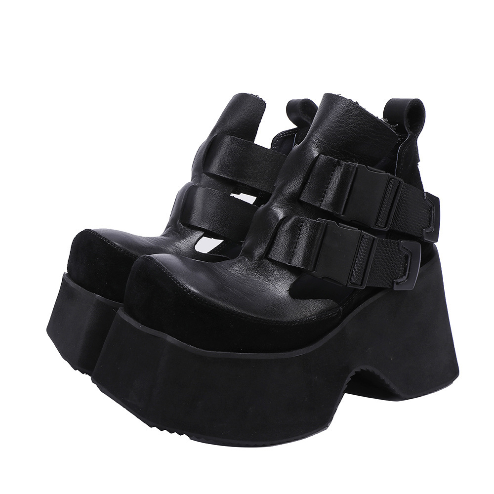 Giày nữ da bò thật đế dày 10cm mũi vuông phong cách cổ điển — Màu đen, Màu nâu nhạt