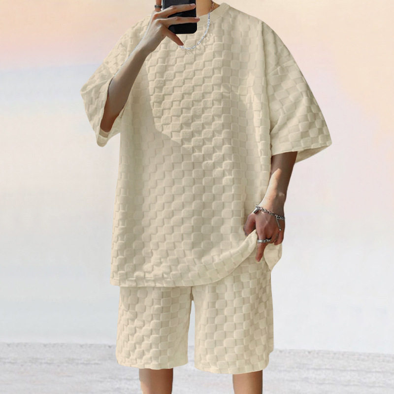 2025跨境美式oversize潮牌男装棋盘格春夏宽松运动休闲两件套装男