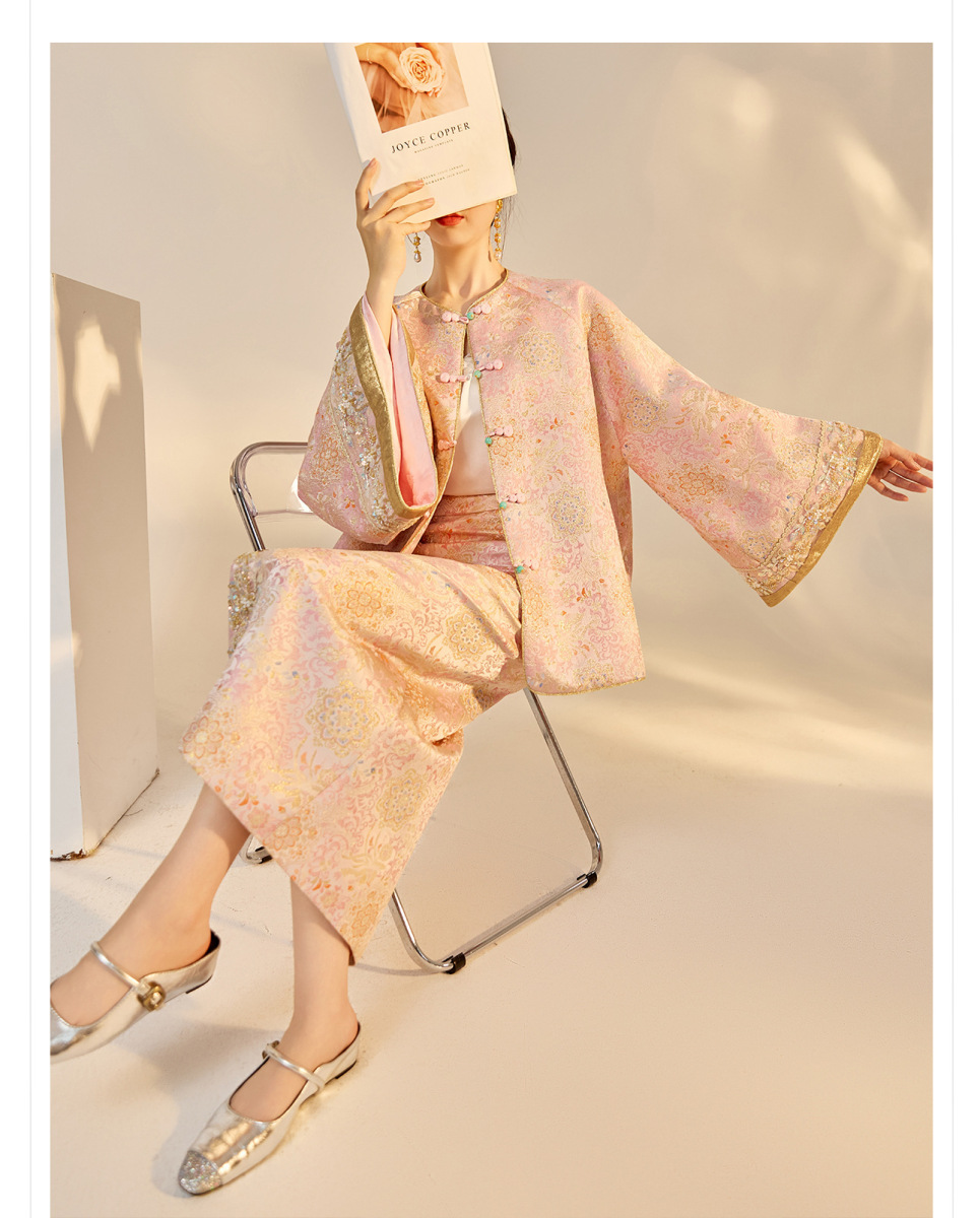 Bộ áo khoác và chân váy nữ dài tay thêu đính cườm họa tiết hoa — Váy Jacquard (giao hàng trong 7 ngày), Váy Jacquard (giao hàng trong ngày), Áo khoác Jacquard (giao hàng trong 7 ngày), Áo khoác Jacquard (giao hàng trong ngày)