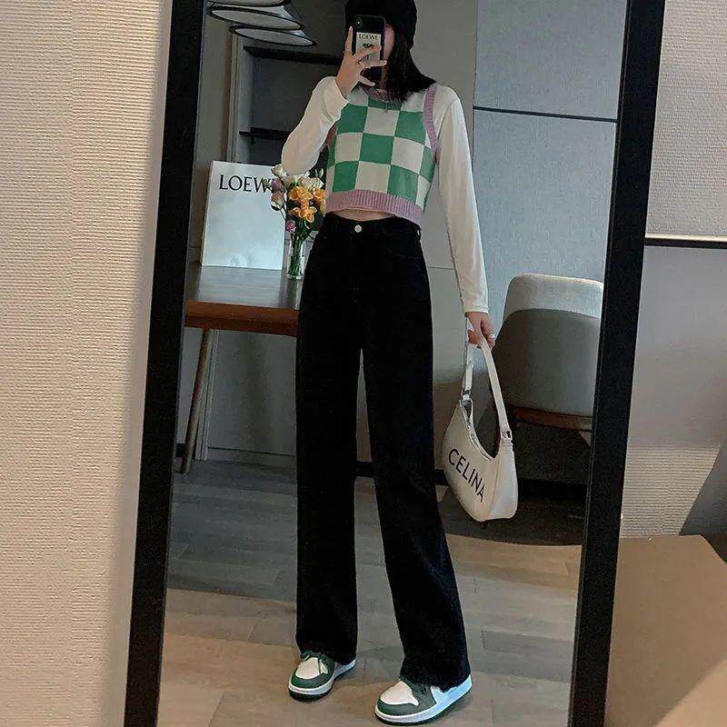 High Waist Loose Fit Vintage Wash Denim Trousers for Women Casual Wide Leg Design Available in Blue and Black Wholesale