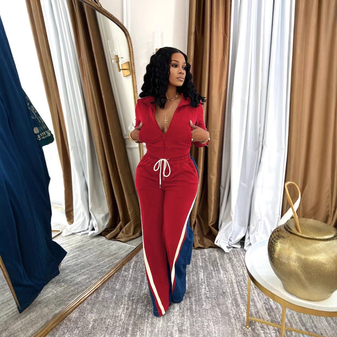 4725 cross-border European and American women's clothing German velvet Denim thread stitching sports pants suit two-piece set of 4 pockets