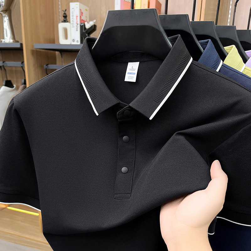 Áo polo nam Leishibert pha cotton lụa tơ tằm, tay ngắn co giãn thoáng mát mùa hè — Xanh biển, Xanh đậu nhạt, Vàng mạch nha, Đen bóng tối