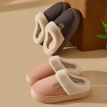 Waterproof Cotton Slippers for Women in Autumn and Winter 2025 New Home Warm and Comfortable Thick-Soled Leather Antibacterial Cotton Shoes for Men to Wear Outside