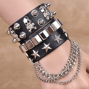 European and American fashion multi-layer leather wide bracelet personality domineering skull rivet punk hip-hop bracelet jewelry