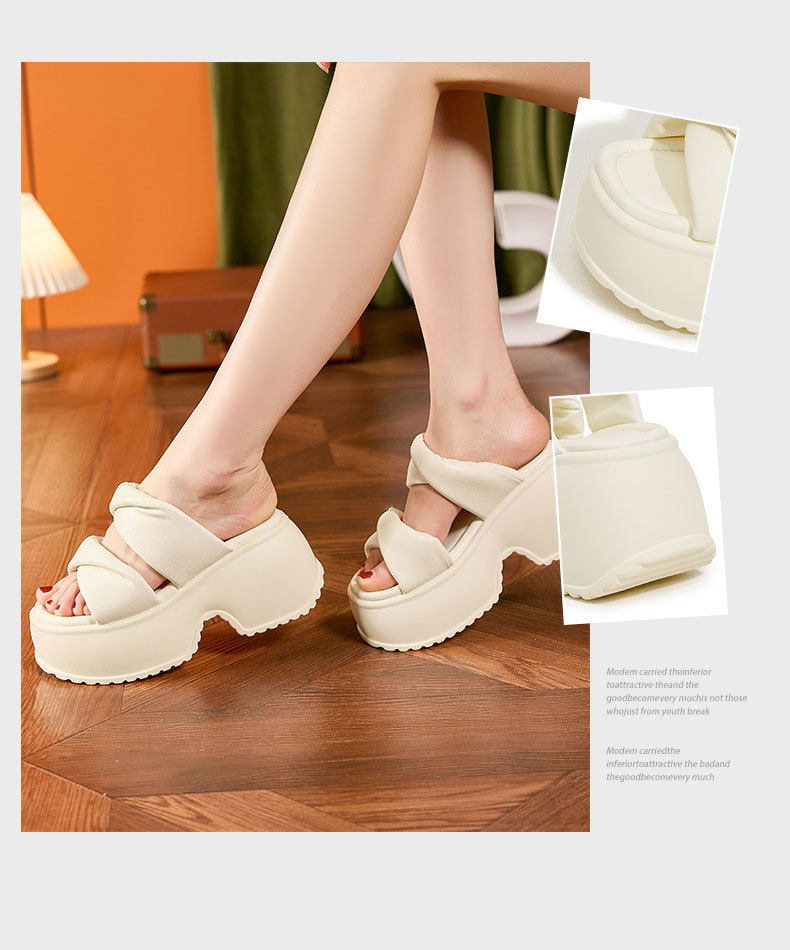 Sandal nữ đế dày platform mũi tròn quai chữ V — Len sạch, Đen chi tiết 3