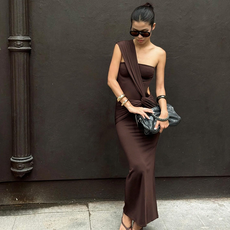 Off Shoulder Bodycon Dress Sexy Hollow Out Color Block Design Slim Fit Autumn Winter Fashion Wholesale Available