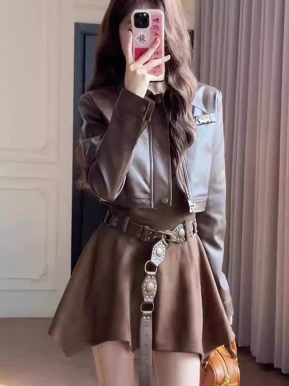 Suit for Women 2025 Spring and Autum Korean Sexy Short Jacket Leather Jacket Waist Suspender Dress Two-Piece Set