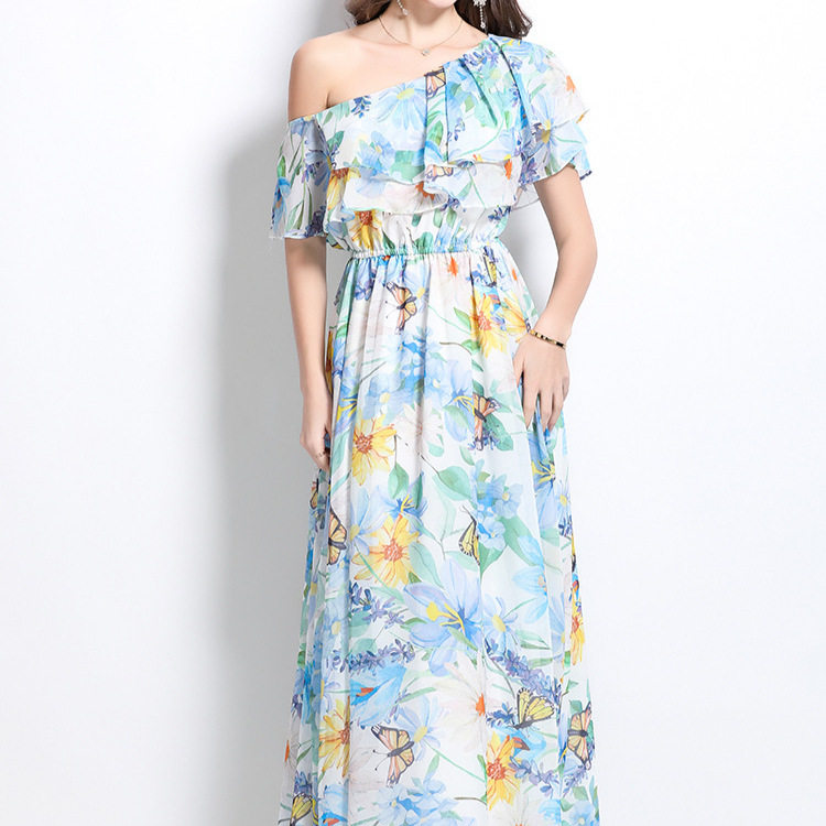 Floral Chiffon Maxi Dress for Women Off Shoulder Ruffled Hem Waist Defined Elegant Style Perfect for Spring