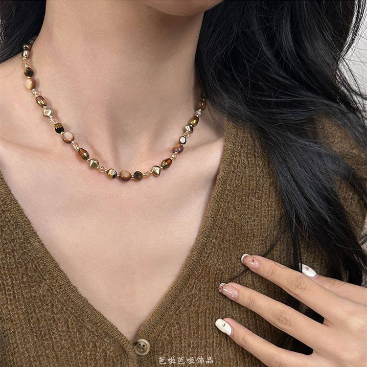 Maillard Natural Stone Tiger Eye brown Pearl Beaded Necklace High-grade Women's 2025 Autumn and Winter New Woolen Chain