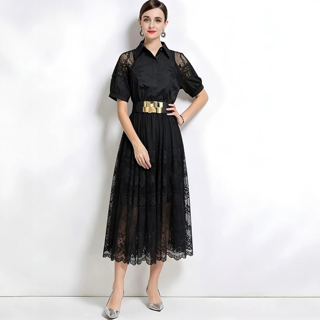 French Romantic Pink Hollow Lace Dress Summer A Line Waist Defined Elegant Style Perfect for Special Occasions