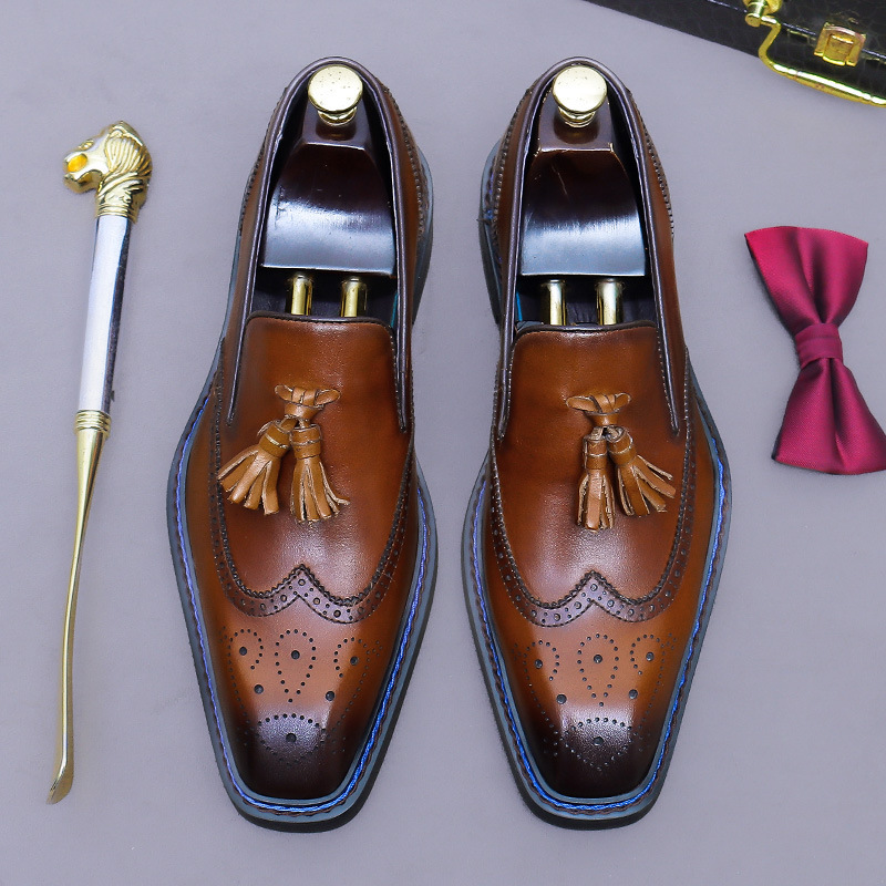 Giày da nam da bò thật chạm khắc brogue cổ thấp kiểu lười có tua rua — Màu nâu (cạnh xanh), Màu nâu (viền đen), đen (cạnh xanh), đen (viền đen)