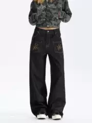 American Embroidered Black Straight Jeans for Women in Autumn and Winter Retro Washed High Street Lazy Loose Wide Leg Long Pants