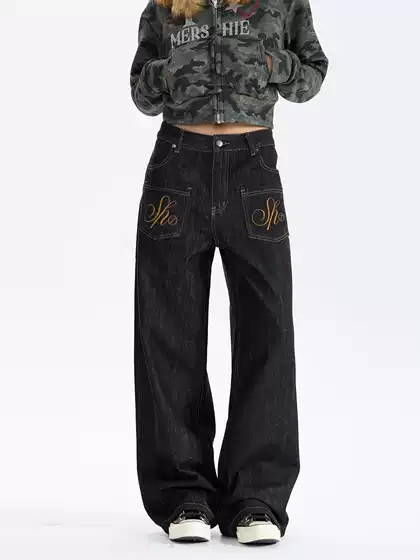 American Embroidered Black Straight Jeans for Women in Autumn and Winter Retro Washed High Street Lazy Loose Wide Leg Long Pants