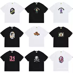Summer Heavyweight 100% Cotton Streetwear BAPE Ape Head Unisex Short Sleeve T-Shirt for Men and Women, Loose Fit Couple Student Cartoon Top