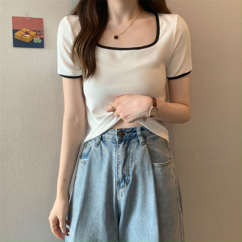 Plus Size Womens Short Sleeve T Shirt Square Neck Slimming Fit Comfortable Fabric Spring and Autumn Layering
