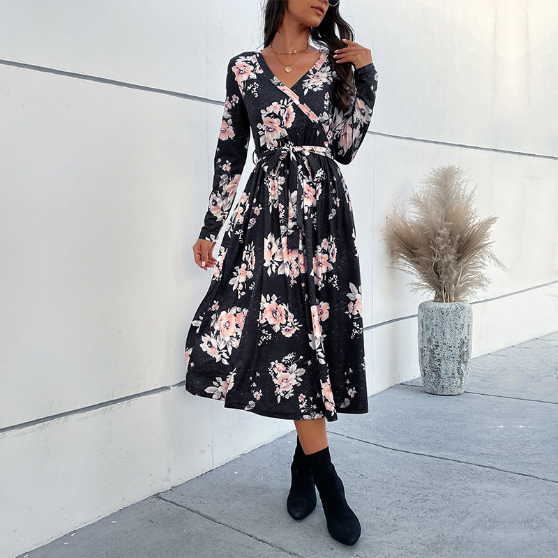 Floral Print Long Sleeve Dress V Neck Autumn Style Elegant Design Wholesale Womens Apparel low MOQ