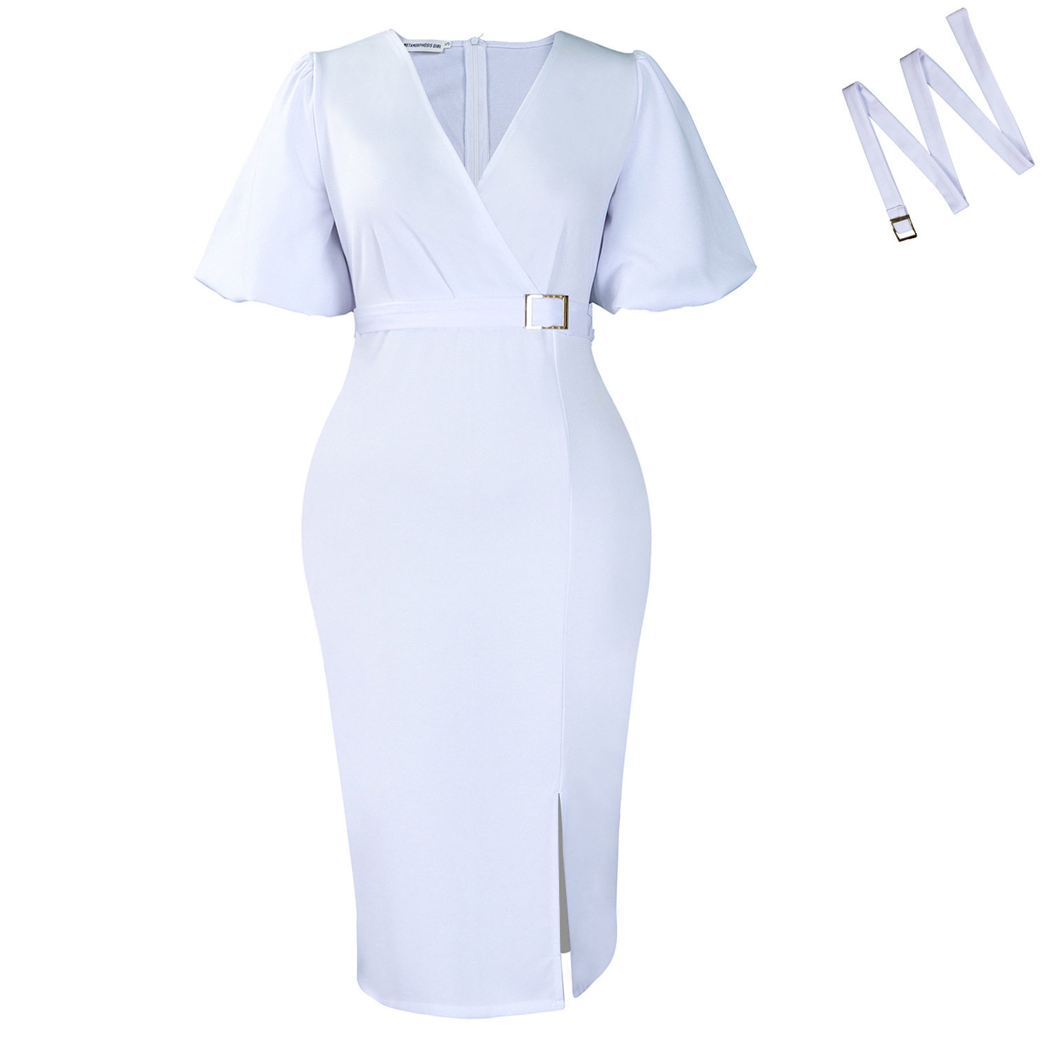 Fashionable V Neck Puff Sleeve Bodycon Dress Solid Color Waist Defined Side Slit Perfect for Parties or Events