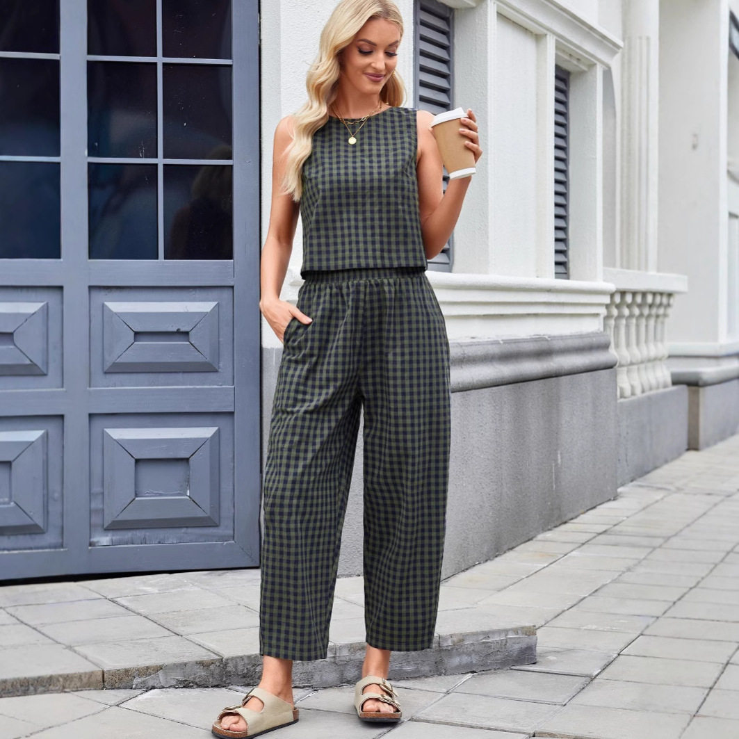 Cross-border European and American Women's 2025 Amazon TK New Printed Plaid Loose Casual Sleeveless Vest Pants suit