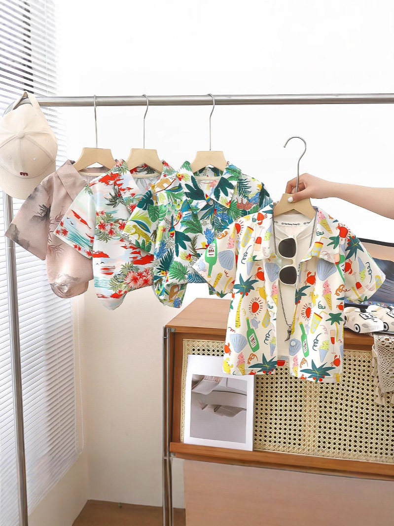 New Summer Children's Short-Sleeve Floral Shirt, Hot-Selling Boys' Stylish Casual Top, Beach Style Blouse