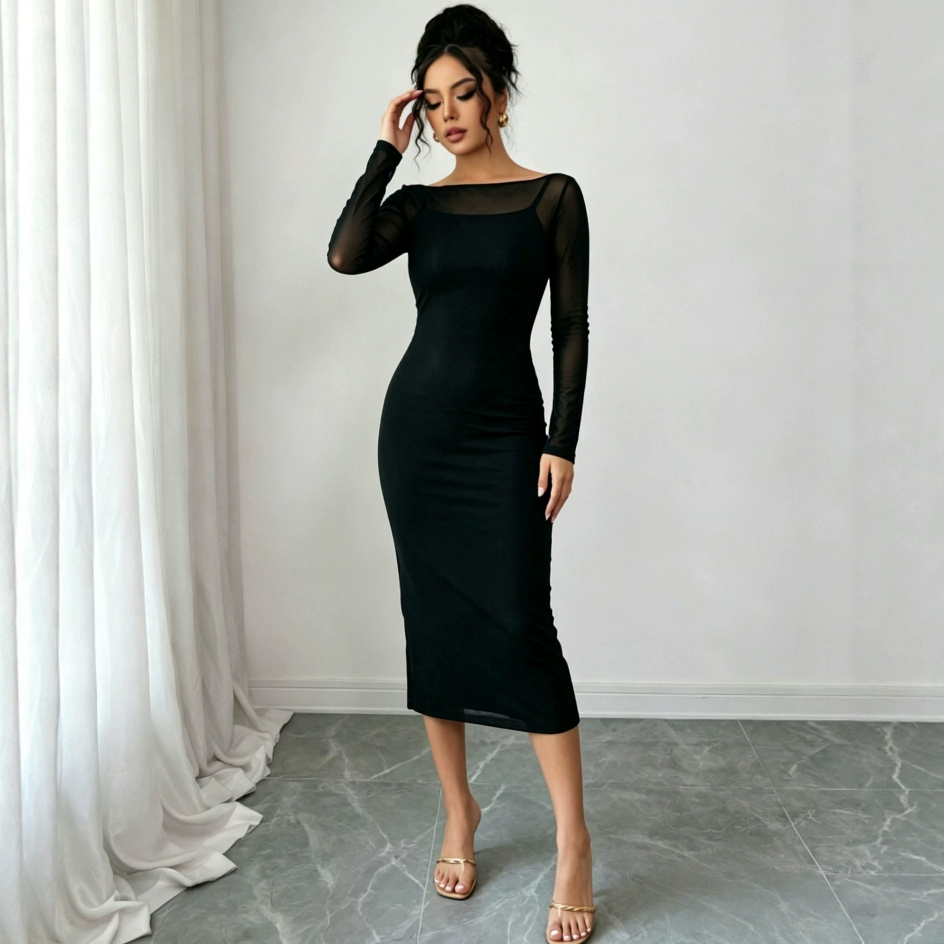 Two Piece Dress Set Off Shoulder Long Sleeve Mesh Overlay Bodycon Midi Skirt Casual or Party Wear Wholesale