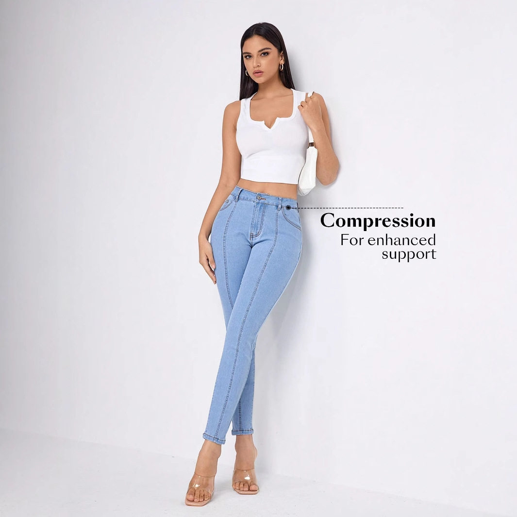 High Waisted Slim Fit Blue Denim Jeans Womens Casual Style Perfect for Everyday Wear Wholesale Available