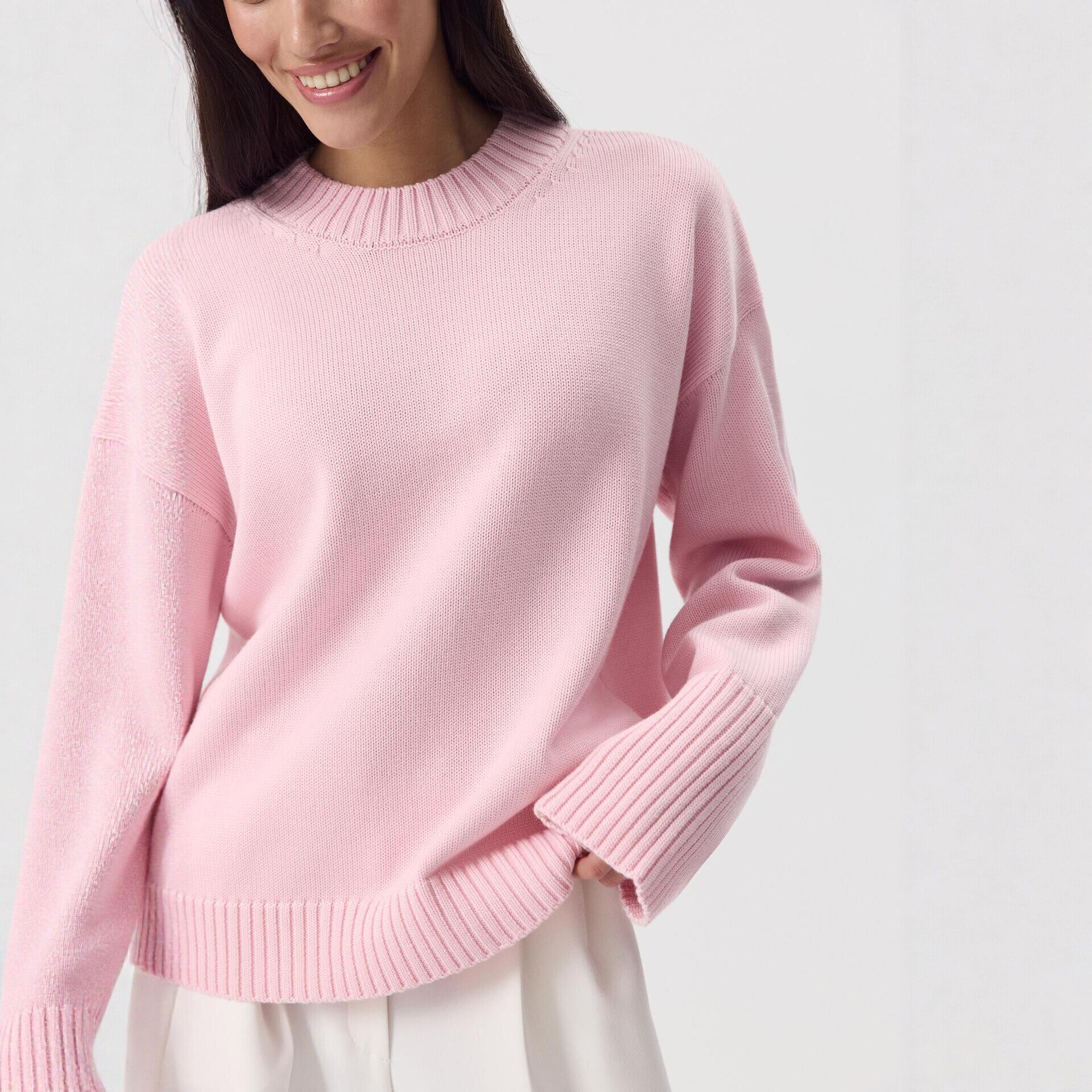 Loose Fit Round Neck Cotton Sweater for Women Solid Color Knitted Long Sleeve Spring and Autumn Casual Wear
