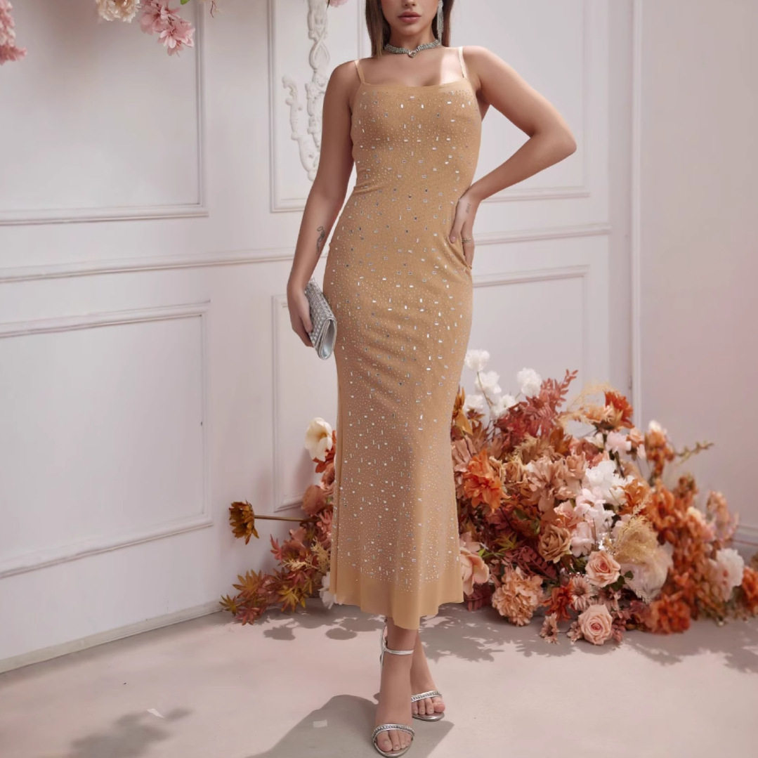 Elegant French Style Bodycon Maxi Dress Heavy Rhinestone Embellishments Spaghetti Straps Formal Evening Wear