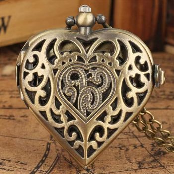 Cross-border hot sale retro hollow heart-shaped silver pocket watch creative flip quartz hanging chain Love pocket watch factory direct sales