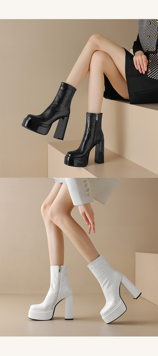 Boot nữ cổ ngắn gót thô 13,5cm mũi tròn có khóa kéo bên hông — Lớp lót đơn màu bạc, Lớp lót đơn màu đen, Lót đơn màu trắng, Lót nhung đen