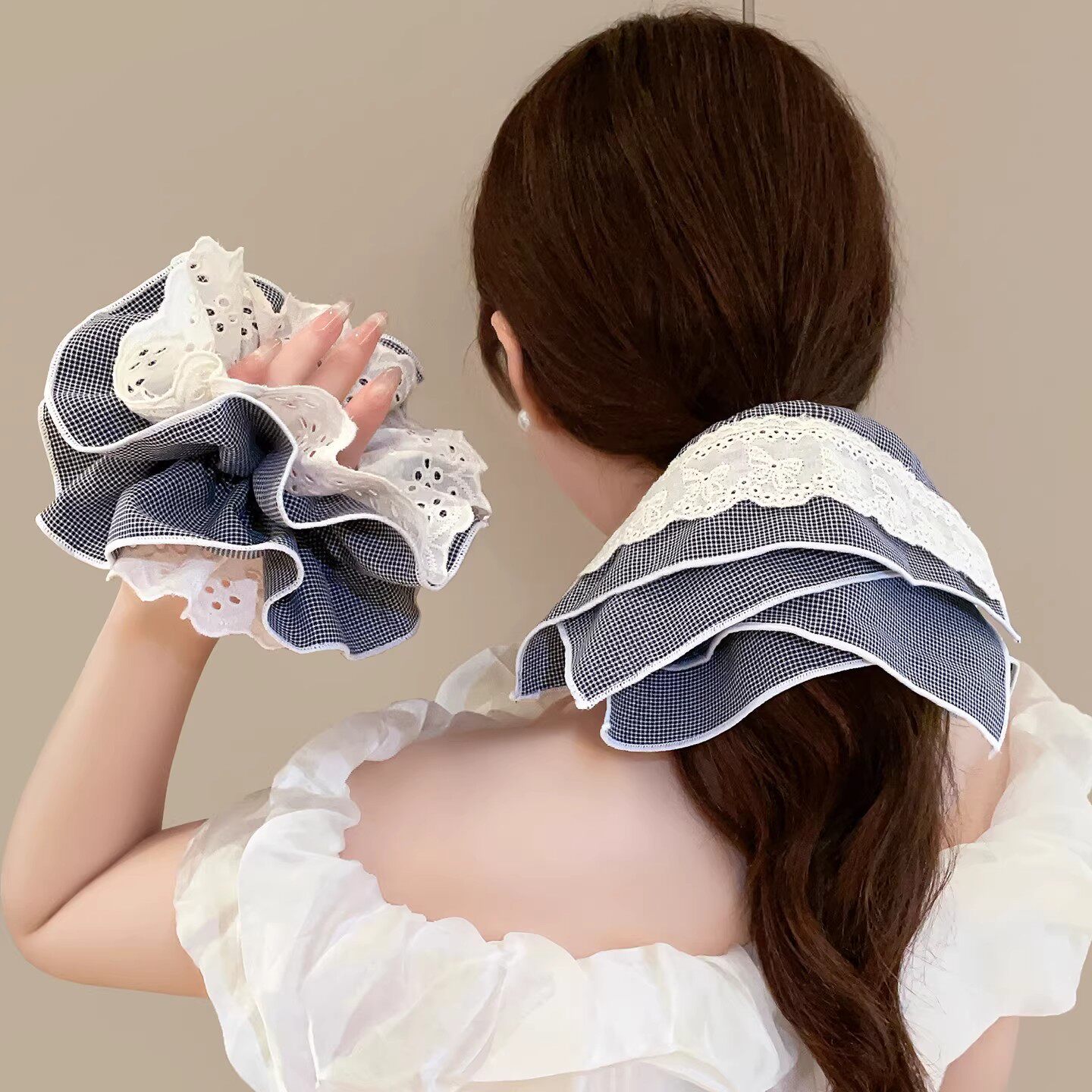 Korean-Style Small Plaid Lace Double-Layer Waistband Scrunchie for Women, Sweet Bun Hair Tie, Low Ponytail Hair Accessory